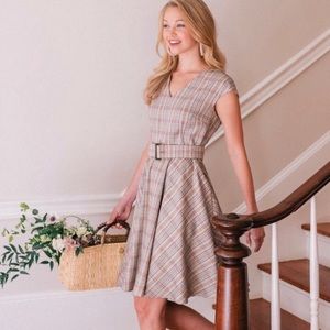 Gal Meets Glam Kelly Plaid Belted Fit &Flare Dress